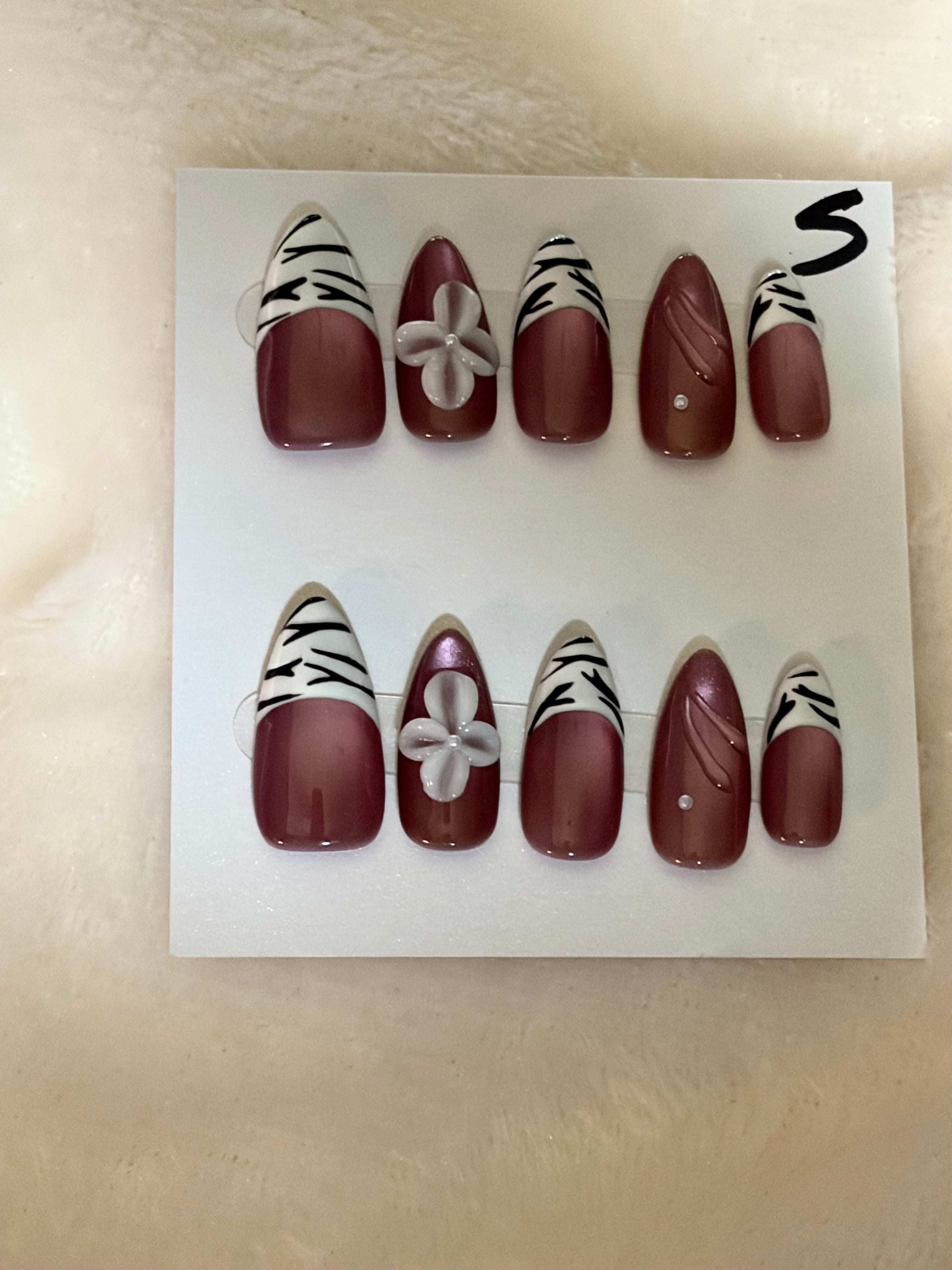 Long, almond, French tip, floral-$20