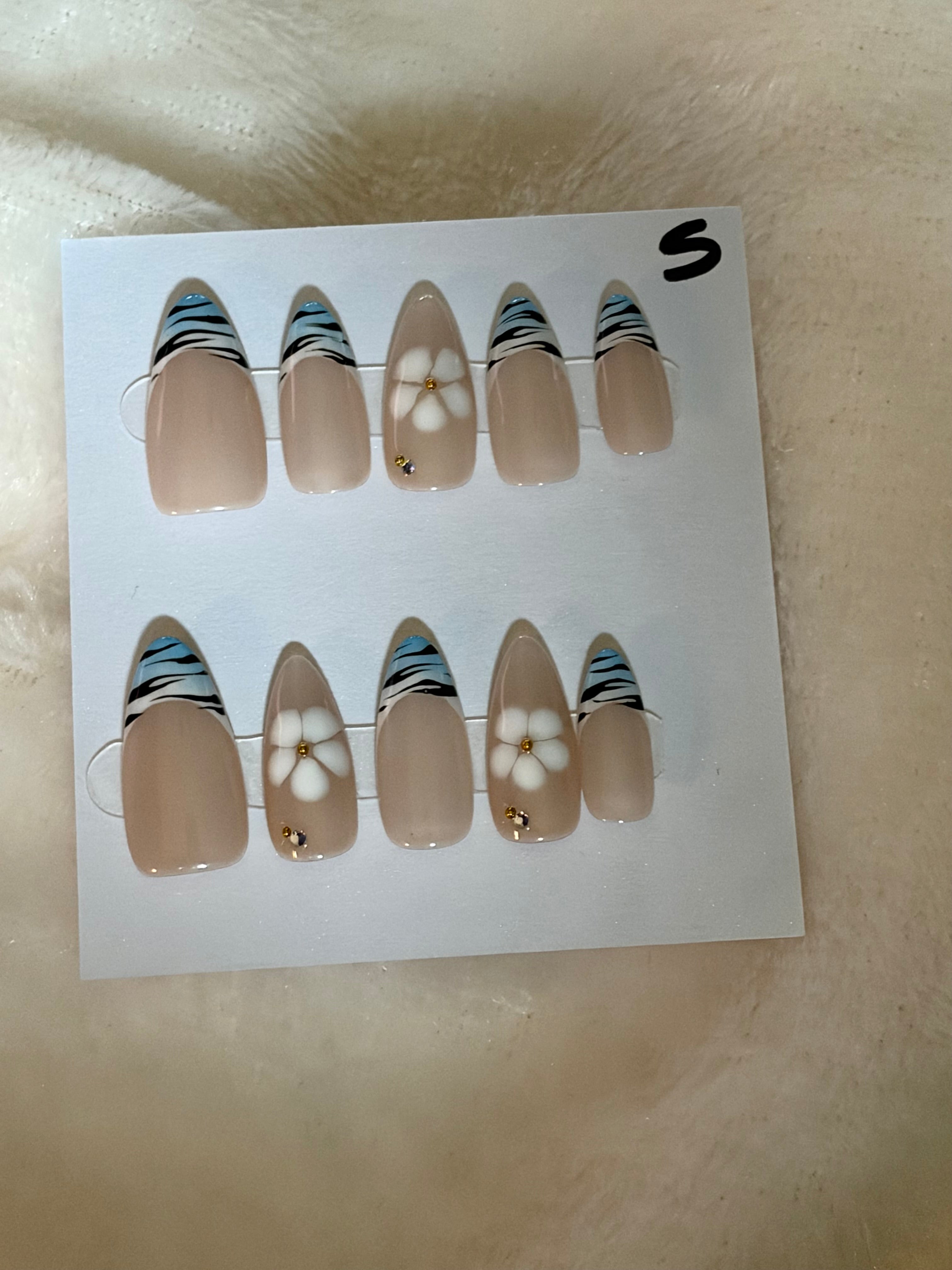 Long, almond, floral, French tip-$20