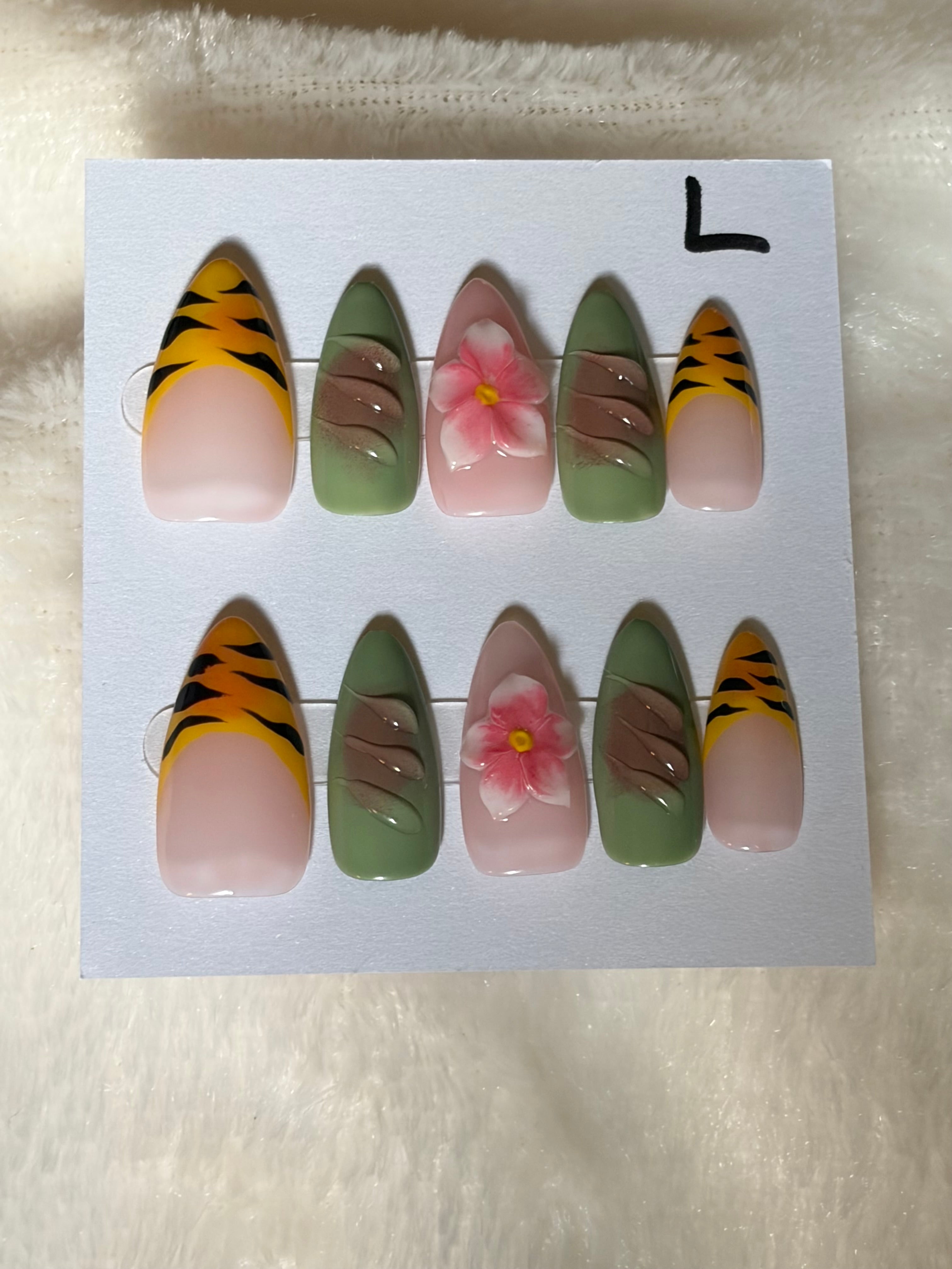 Long, almond, animal print-$20